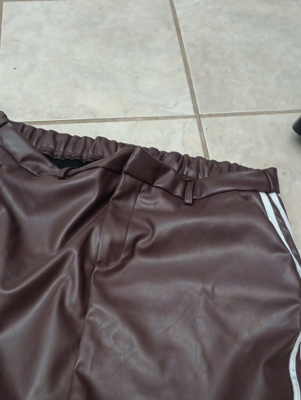 Faux Leather Maxi Skirt with Contrast Side Stripes - Brown Elastic Waste Band - Picture 2 of 3